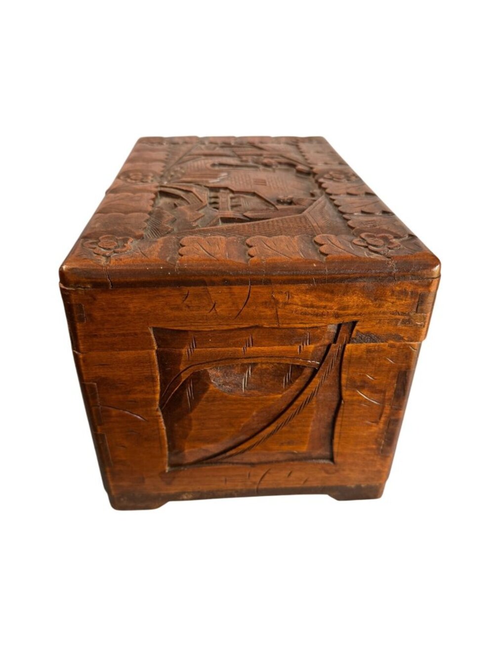 Vintage Camphor Wood Asian Village Scene Tribal Folk Art Storage Box 12" - Picture 12 of 13